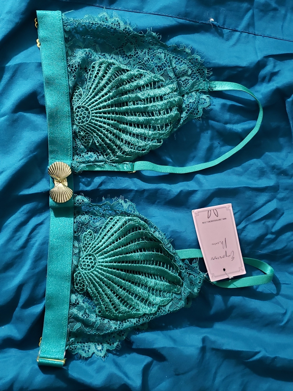 Empress Mimi Handmade Emerald Lace Bralette with Shell Accent - Women Intimates
